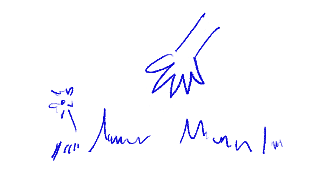 A drawing of a hand touching grass in blue pen.
