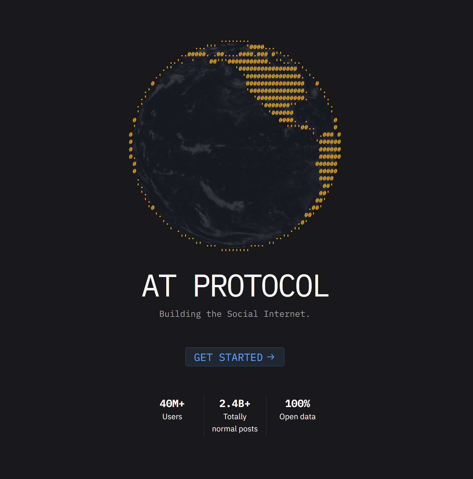 A black website screen with the world's countries in yellow hashtags. The image says 'AT PROTOCOL, Building the Social Internet.' Below it says 40M+ users, 2.4B+ totally normal posts, and 100% open data.