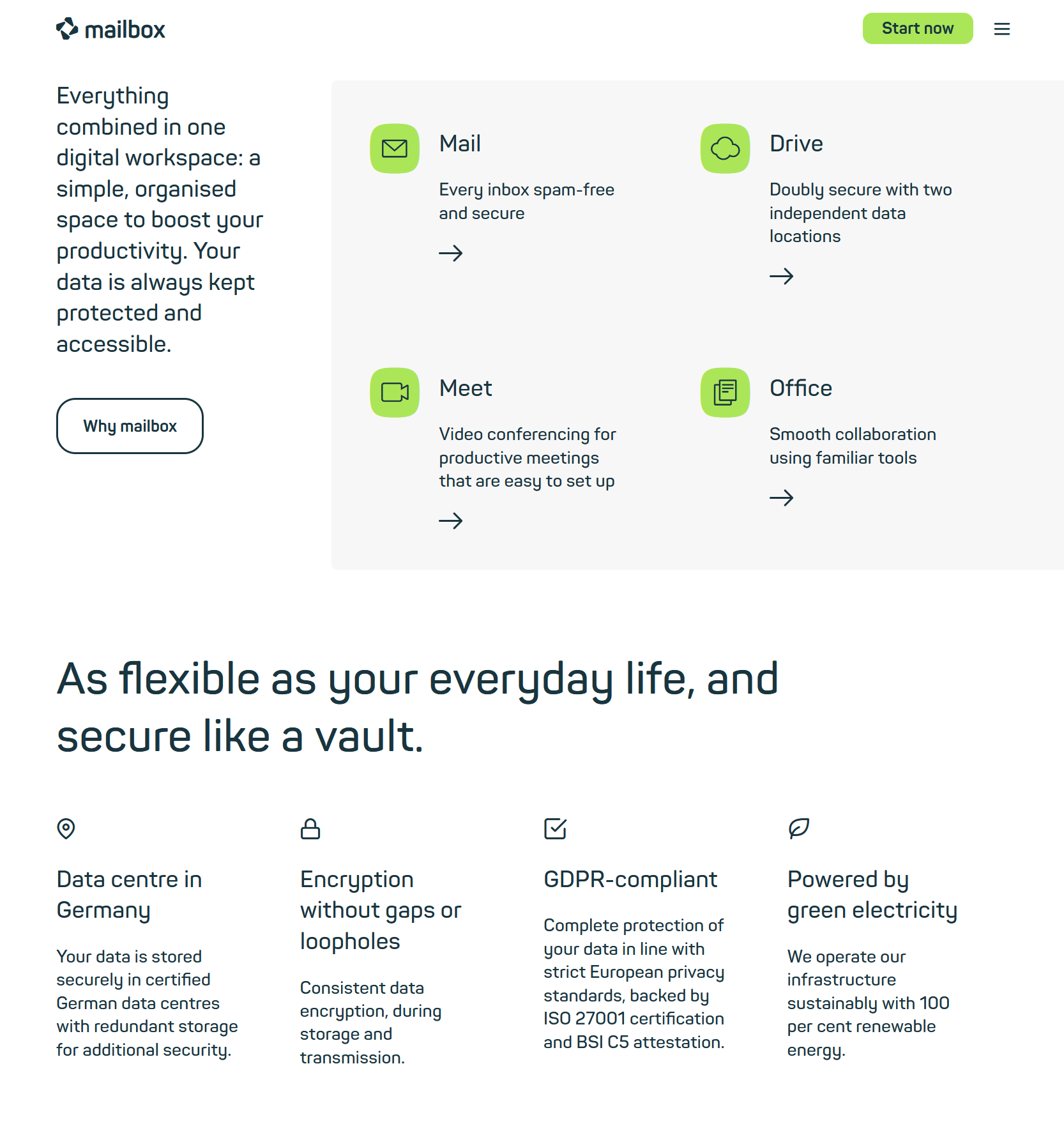 Screenshot of Mailbox.org website offering mail, drive, meet, and office. Below it says: Data centre in Germany, encryption without gaps or loopholes, GDPR-compliant, and powered by green electricity.