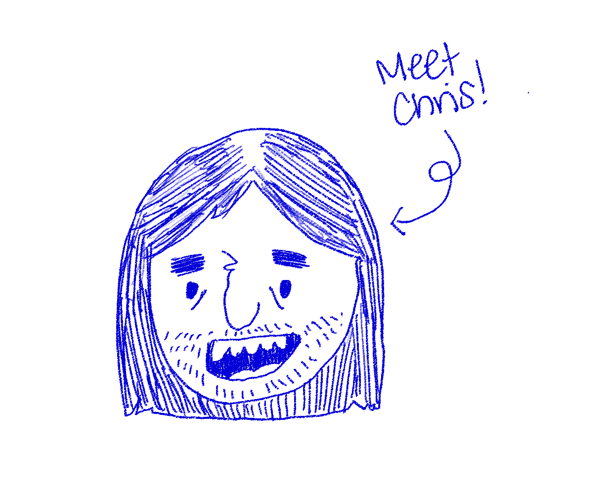 Pen drawing of Chris Hanney. Chris has thick eyebrows and long dark hair with a five-o-clock shadow.